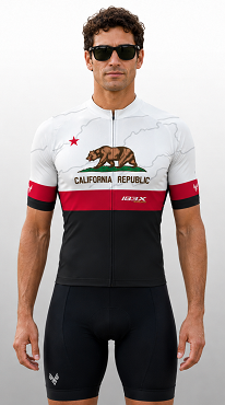 Front view wearing the white, red, and black Ibex Cyclewerx California Republic cycling jersey with premium Italian fabric.