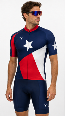 Front view wearing the white, red, and black Ibex Cyclewerx California Republic cycling jersey with premium Italian fabric.